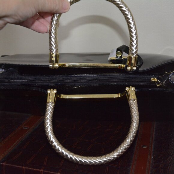 HOXIS Charm Glossy Metal Grip Structured Shoulder Handbag Women Satchel NEW - Picture 10 of 12